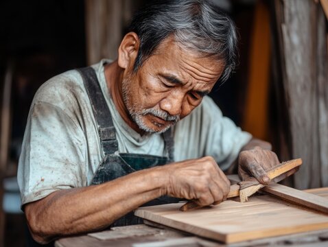 A craftsman working with wood in an old workshop.