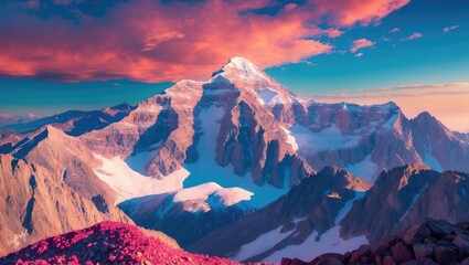 Obraz premium Majestic snow-capped mountain peak under dramatic sunset sky with vibrant clouds and rocky foreground landscape