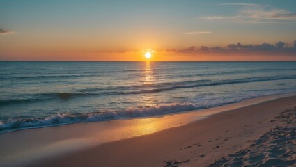 Fototapeta premium sunset over calm ocean waves on sandy beach with horizon and clouds in the sky during golden hour