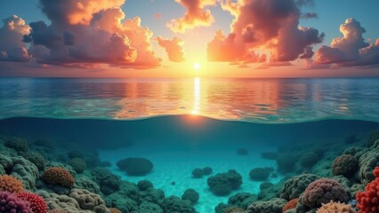 Split view of colorful coral reef underwater with vibrant sunset sky reflecting on calm ocean	