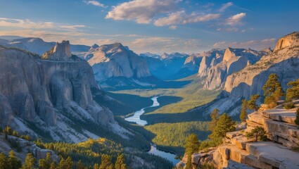 Fototapeta premium Yosemite National Park panoramic view featuring granite cliffs, forested valley, and winding river under blue sky with clouds