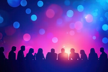 Silhouetted figures against a vibrant, colorful background of glowing orbs, creating a festive, celebratory atmosphere.