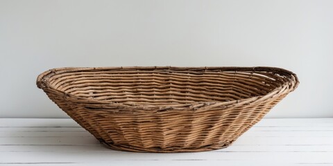 Fototapeta premium Woven brown wicker basket on white wooden surface with neutral background