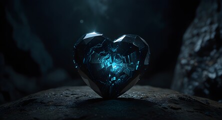 Fototapeta premium A large blue heart-shaped crystal emits a gentle light in a dark cave, enhancing the mysterious atmosphere of the scene. 