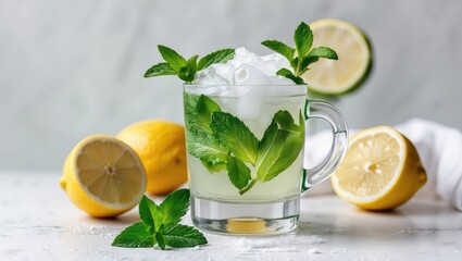 Fototapeta premium Fresh lemon mint beverage in glass with ice, garnished with mint leaves, surrounded by whole and halved lemons on marble counter.