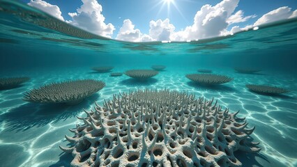 Split view of coral reef with bleached corals underwater and bright sunlit sky above	