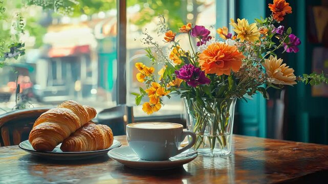 coffee croissant and flowers. Selective focus