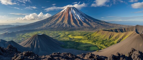 Majestic view of active volcano with snow-capped peak surrounded by lush green landscape and other volcanic cones under blue sky