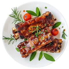 Delicious grilled ribs with glossy glaze, garnished with herbs and cherry tomatoes, served on white plate. Perfect for hearty meal or barbecue gathering