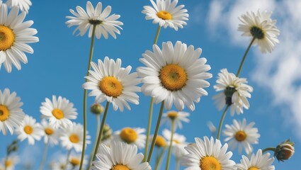 Field of white daisies against a bright blue sky with scattered clouds on a sunny day in spring or summer