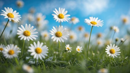 Fototapeta premium Field of blooming daisies with bright white petals and yellow centers against a clear blue sky on a sunny day