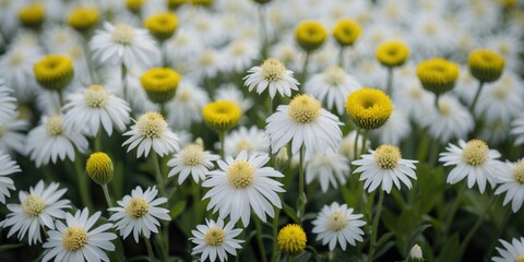 Fototapeta premium Field of white daisies and yellow blooms in full bloom during daylight in a lush green garden setting.