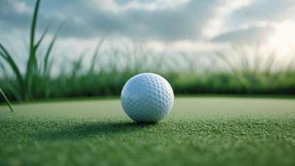 Obraz premium Close-up of a golf ball resting on green turf with grass in the background under a cloudy sky during daylight hours
