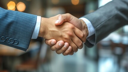 Two business professionals, engaged in a firm handshake, signify a successful agreement in a modern office environment.