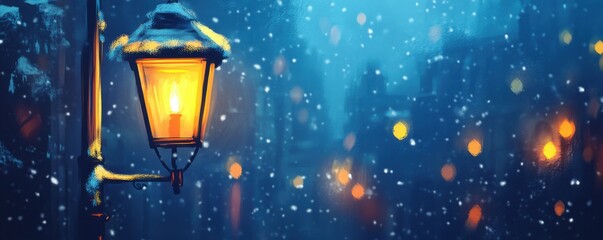 Fototapeta premium Winter Night's Lantern: A Snowy Cityscape