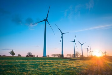 Obraz premium Wind turbines stand tall against a sunrise over a grassy field. 