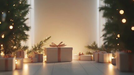 100.A blank Christmas scene featuring carefully arranged gift boxes and soft ambient lighting, creating an open space perfect for product displays or mockups, with subtle holiday elements in the