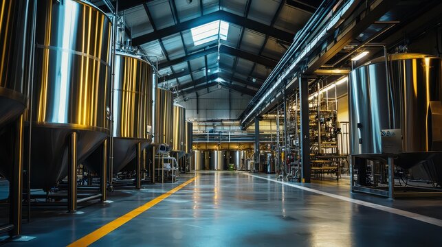Modern Industrial Brewery Interior with Bright Metal Tanks and Equipment