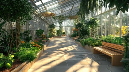 Sunlit Greenhouse Pathway with Lush Greenery and Wooden Benches