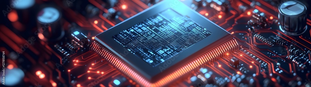 Poster Close up detailed view of an intricate computer microchip circuit board with intricate patterns and metallic components in vibrant red blue and dark tones