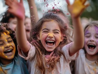 Obraz premium A group of young people of different races throwing colorful powder (Holi festival). 