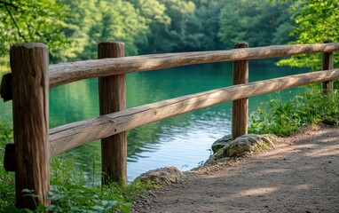 Fototapeta premium Close-up of a wooden guardrail on a rustic bridge overlooking a serene lake, showcasing nature's craftsmanship.