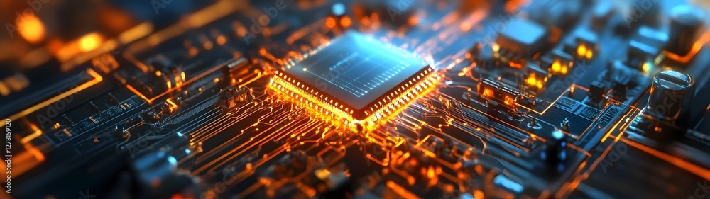 Poster Close up detailed view of an intricate electronic circuit board showcasing an advanced microchip processor complex integrated circuits