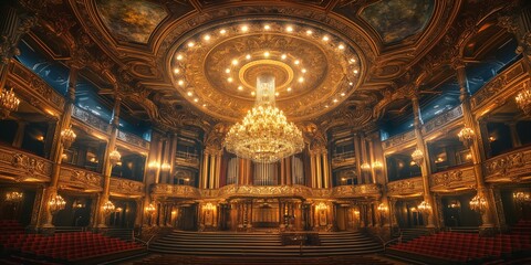 Obraz premium A magnificent view of an ornate theater interior featuring a grand chandelier and intricate gold detailing.