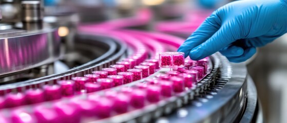 Pharmaceutical manufacturing process with gloved hand placing pink pills into containers on automated conveyor belt in a clean sterile environment