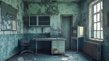 Decaying teal room, remnants of the past.  A forgotten office in ruins, old desk and chair.