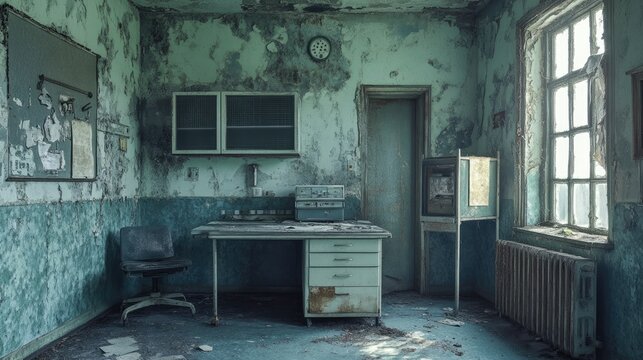Decaying teal room, remnants of the past.  A forgotten office in ruins, old desk and chair.