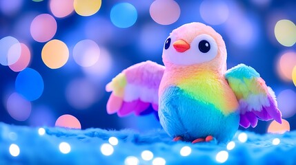 Rainbow dove plush with gradient wings on blue lights background