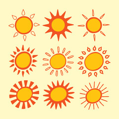 Set of vector sun icons. Sun icon set. Sunset icon collection. Hand drawn sun icon