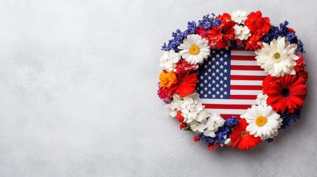 Patriotic Memorial Day Tribute Flat Lay with Flower Wreath and American Flag Centerpiece