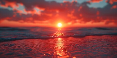 A stunning sunset over the ocean, with vibrant red and orange hues reflecting on the water's surface.