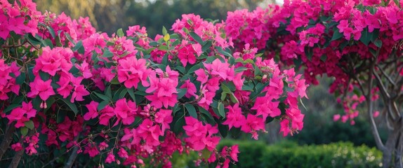 Fototapeta premium Vibrant pink bougainvillea flowers blooming in a lush garden setting with green foliage in the background