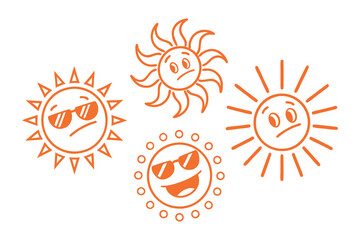 Flat cute sun icon set. Happy sun icon. Sunshine emoticon illustration set. Funny suns collection