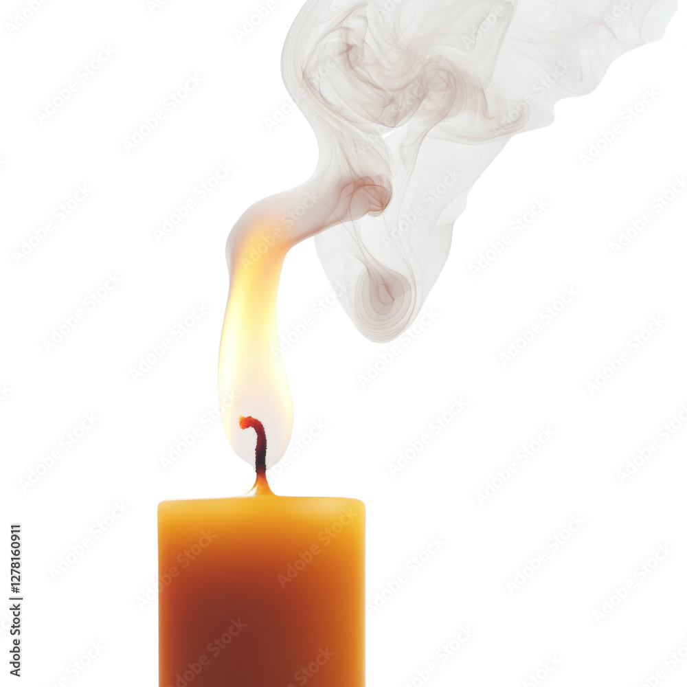 Poster lit candle with warm glow and wisps of smoke curling upwards, creating serene atmosphere. soft light