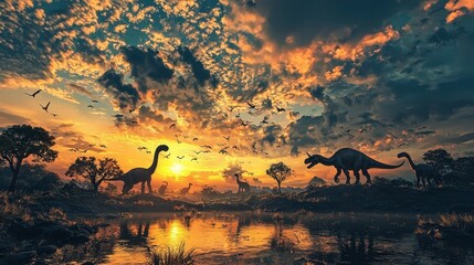 Majestic Dinosaurs in a Dramatic Sunset Landscape with Water Reflection