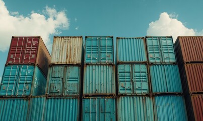 Fototapeta premium Stacked Shipping Containers Industrial Cargo Blue Metal Texture