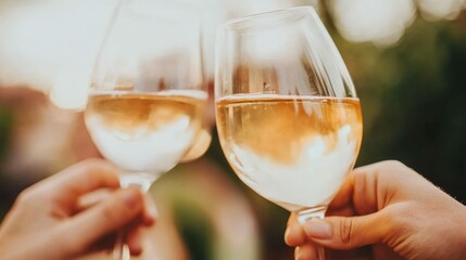 A group of friends toasting with wine glasses during an outdoor dinner party, cheerful and festive vibe,