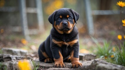 Rottweiler puppy sitting on rocks surrounded by yellow flowers in a natural outdoor setting with blurred background