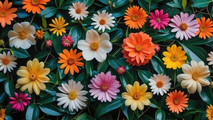 Fototapeta premium Colorful assorted flowers with green leaves arranged in a flat lay composition on a dark background.