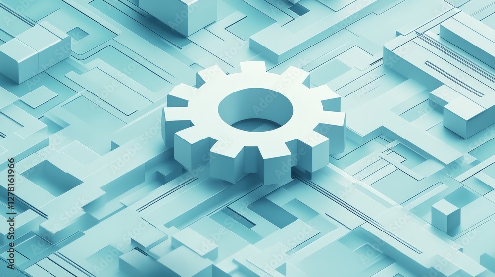 Poster abstract representation of a large gear on a geometric blue background with intricate patterns