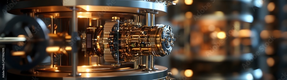 Aufkleber close up view of a detailed gold toned mechanical clock gear mechanism in an industrial engineering 