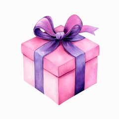 Obraz premium Watercolor illustration of a pink gift box with purple ribbon and bow isolated on white background.
