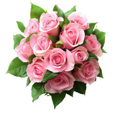 beautiful bouquet of pink roses surrounded by green leaves, perfect for expressing love and appreciation. Ideal for gifts and special occasions