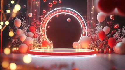 40.A 3D-rendered holiday scene with a circular podium, bright red and white holiday decorations, light balloons, and a neon frame, creating a cozy festive atmosphere.