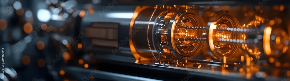Fototapete Close up view of advanced high tech industrial laboratory equipment including control panels with illuminated digital displays gauges buttons and other sophisticated scientific instruments