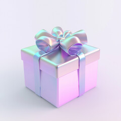Obraz premium Holographische Geschenkbox: Elegante Geschenkbox mit holographischer Schleife in Rosa/Blau bzw. Dunkelblau. Modernes Geschenkdesign mit irisierendem Glanz-Effekt